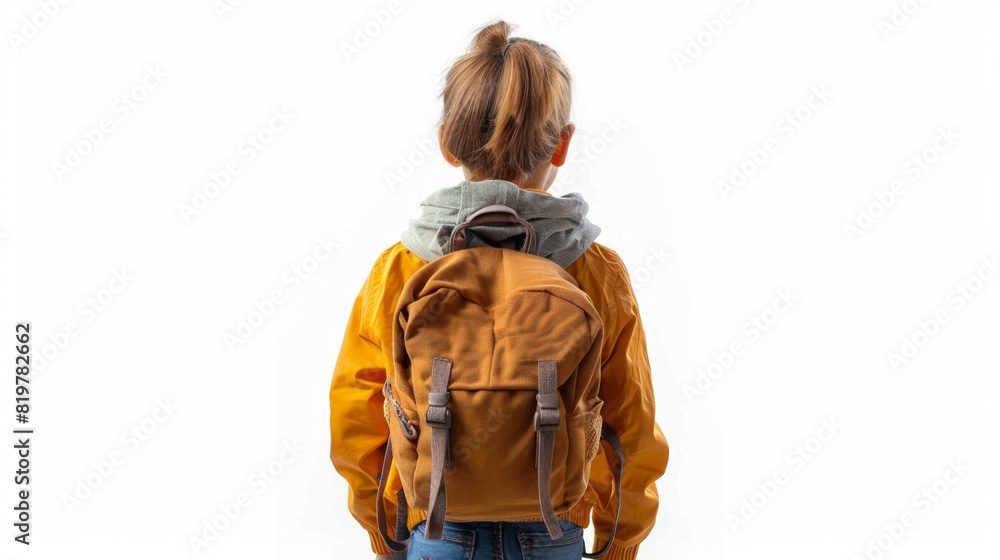 Young Student Ready for School - Rear View of Child with Backpack on White Background Young Student Ready for School - Rear View of Child with Backpack on White Background