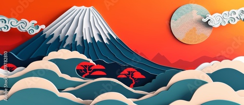 An ornamental template modern with a geometric background. Wave, Fuji mountain, pine, moon, and cloud ornaments.