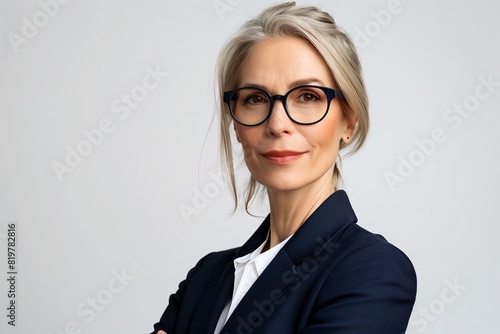 Confident businesswoman, mature and successful. Attractive caucasian lady in 40s, smiling and happy. Professional manager in corporate setting, stylish and modern. Senior woman,
