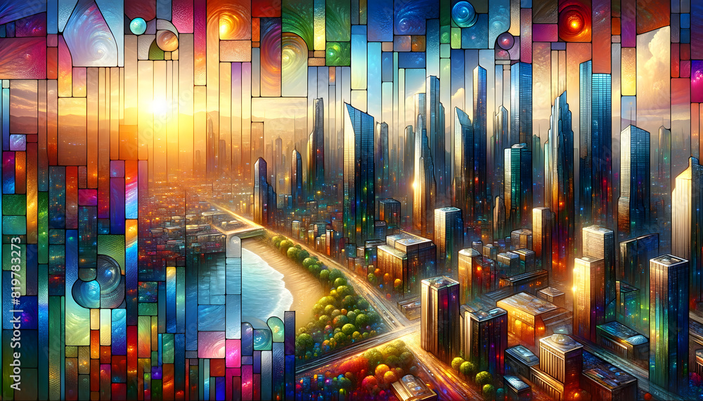 Stained glass futuristic city Stained glass futuristic city