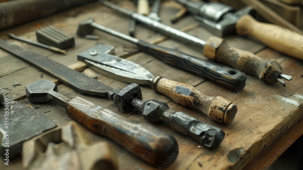 Well-Used Tools, Close-up of sculpting tools neatly arranged on a wooden workbench, Highlighting worn handles Well-Used Tools, Close-up of sculpting tools neatly arranged on a wooden workbench, Highlighting worn handles