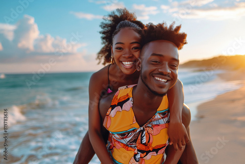 A joyful couple playfully embracing on a beach at sunset, radiating happiness and love in a scenic tropical setting, exemplifying carefree vacation vibes. © milosducati