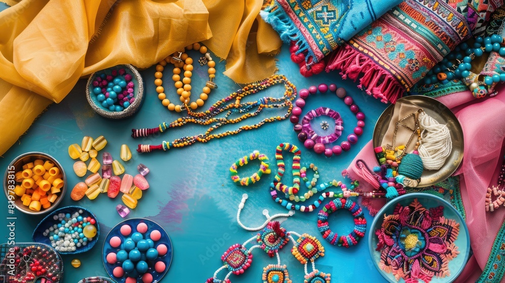 A creative arts product display featuring a wooden table topped with a variety of body jewelry items such as colorful bracelets and beads in magenta, aqua, and other vibrant colors AIG50