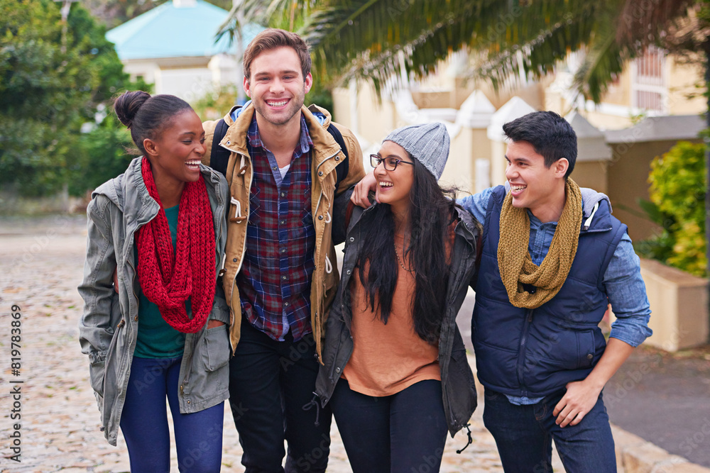 © peopleimages.com - Group, portrait and friends walking to campus, college and university with backpack outdoor. Street, academic people and students with happiness, bonding and travel in Canada for education class