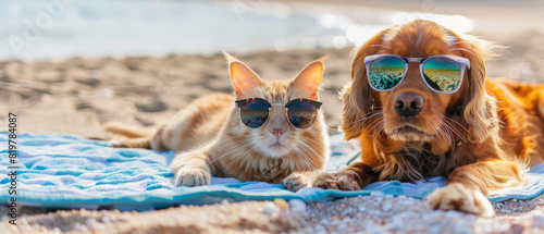 A cat and dog with sunglasses lounging together on a beach blanket.