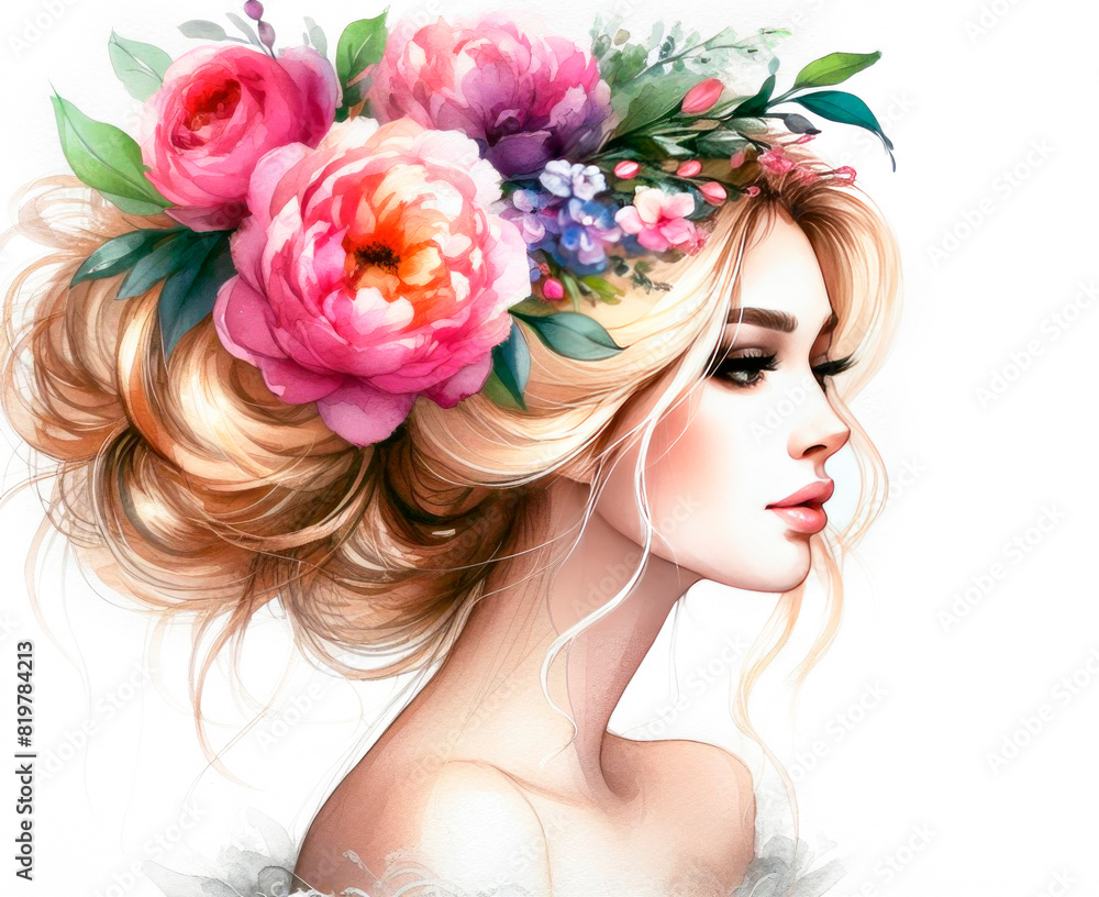 Artistic silhouette of a woman with vibrant watercolor flowers intertwined in her flowing hair, creating an ethereal ambiance Artistic silhouette of a woman with vibrant watercolor flowers intertwined in her flowing hair, creating an ethereal ambiance