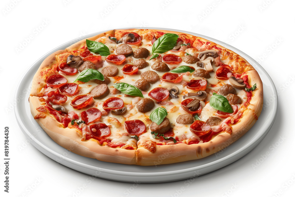 Pizza with Bavarian sausages, pepperoni, mushrooms and basil on plate. Delicious pizza on isolated white background Pizza with Bavarian sausages, pepperoni, mushrooms and basil on plate. Delicious pizza on isolated white background