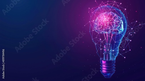 Abstract geometric violet light bulb glowing with brains inside on violet background. Generated AI