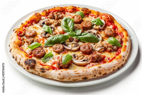 Pizza with Bavarian sausages, mushrooms and basil on plate. Delicious pizza on isolated white background