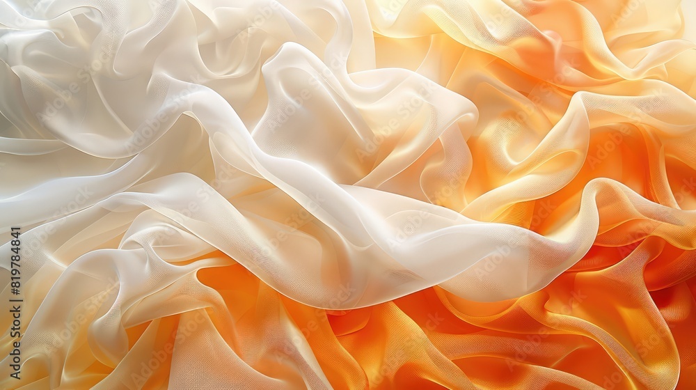 Fototapeta premium Contrasting waves of silk fabric mixed with thick white smoke, bright orange gradient colors, Indian temple pattern style, abstract background for desktop or smartphone