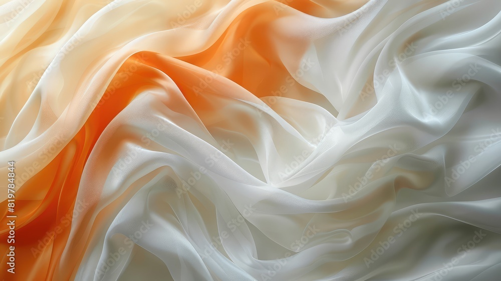 Fototapeta premium Contrasting waves of silk fabric mixed with thick white smoke, bright orange gradient colors, Indian temple pattern style, abstract background for desktop or smartphone