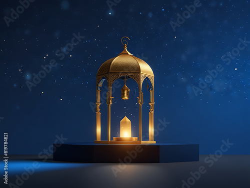 Ramadan podium with copy space for product advertisement showcasing. Empty 3D pedestal in blue and warm gold color theme. Generative AI..