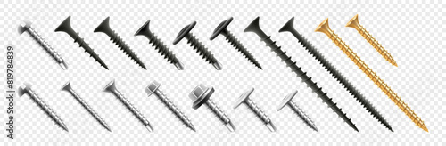 Set of screws and self-tapping screws isolated on transparent background. Realistic 3d Vector illustration. Is used to connect metal, non-metal, wooden parts
