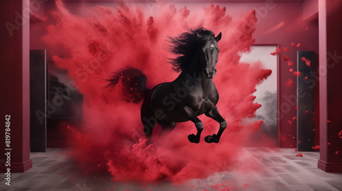 horse in red powder explosion