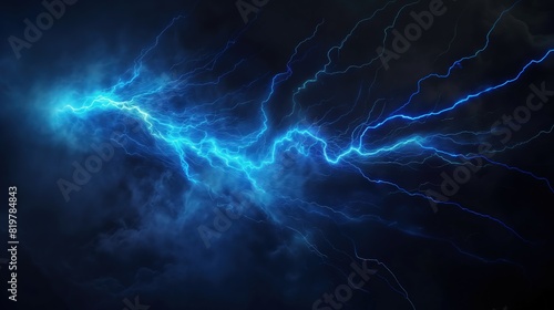 A highly detailed scene of a singular, powerful blue lightning strike with a fractal pattern, illuminating a dark void with its brilliance.  photo