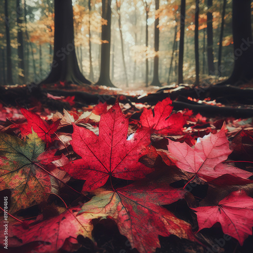 illustration of fallen red leaves in the autumn forest