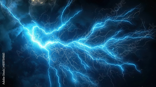 A highly detailed scene of a singular, powerful blue lightning strike with a fractal pattern, illuminating a dark void with its brilliance. 