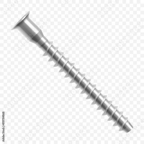 Metal screw isolated on transparent background. It is used for a screed for connecting parts made of wood. Realistic 3d Vector illustration