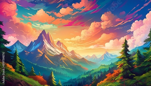 Anime Style Mountain Range with Colorful Sky