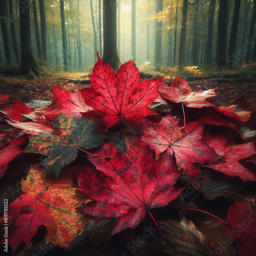 illustration of fallen red leaves in the autumn forest