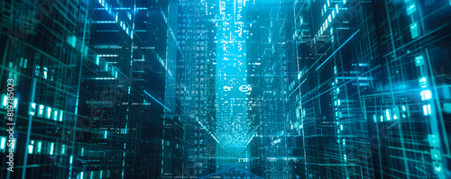Futuristic digital cityscape with glowing lines, abstract virtual architecture, technology background for AI and cybersecurity themes.