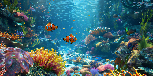 Dive into the depths of an underwater paradise, showcasing a vibrant coral reef teeming with life. From colorful fish darting between the corals to the delicate dance of sea anemones