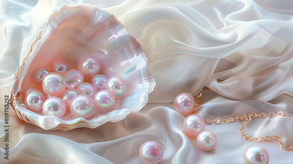 Several pink pearls on the maximum white silk canvas, background illustration, high resolution and photorealism, shows the high cost and beauty of the gemstone, a banner to copy Several pink pearls on the maximum white silk canvas, background illustration, high resolution and photorealism, shows the high cost and beauty of the gemstone, a banner to copy