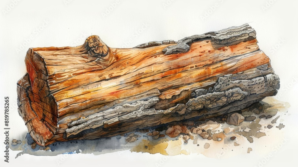 Wooden tree log, side view, detailed bark and wood grain, on a plain white background, ideal for nature and woodworking advertisements