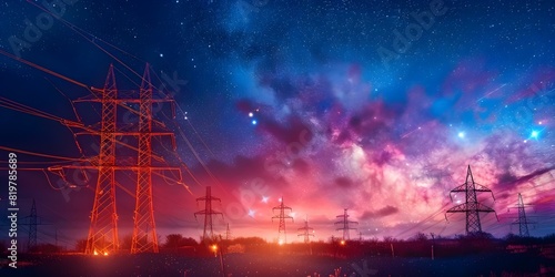 Electricity towers with glowing orange wires against a starry night sky. Concept Landscape Photography, Nighttime Shooting, Light Trails, Industrial Structures, Electricity Infrastructure