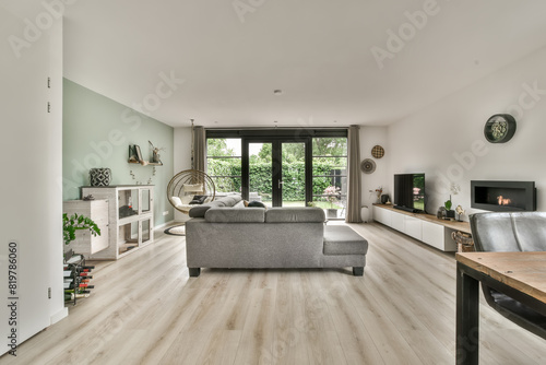 Wallpaper Mural Modern living room with fireplace and garden view Torontodigital.ca