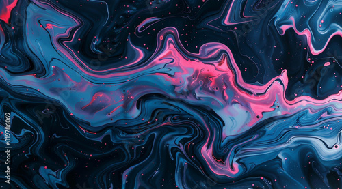 Dark liquid marble backdrop with pink and blue splashes inspired by diverse artistic styles.
