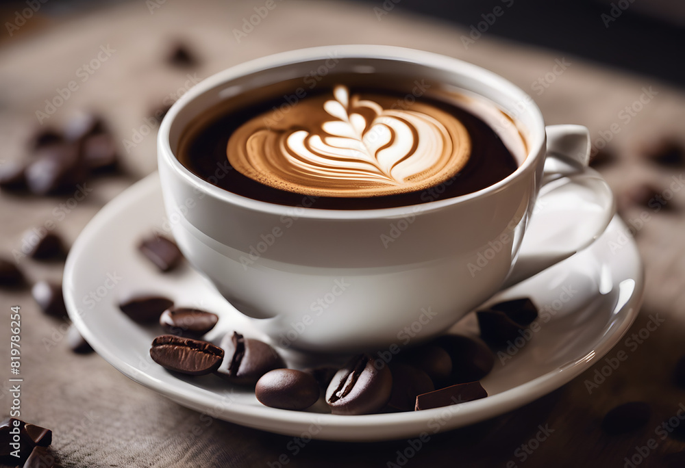 Fototapeta premium Perfect Cup of Coffee with Intricate Latte Art Surrounded by Coffee Beans