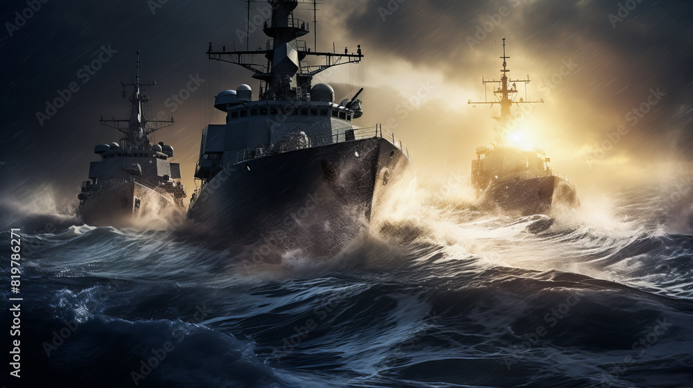 Fototapeta premium Warship on a Maritime Mission. Navy Warship at Sea