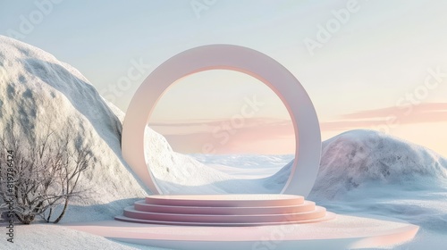 Geometric winter scene with arches and podiums in natural light. Surreal background. 3D render.