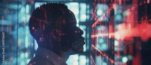 A man is immersed in contemplation amid a dynamic backdrop of data. photo