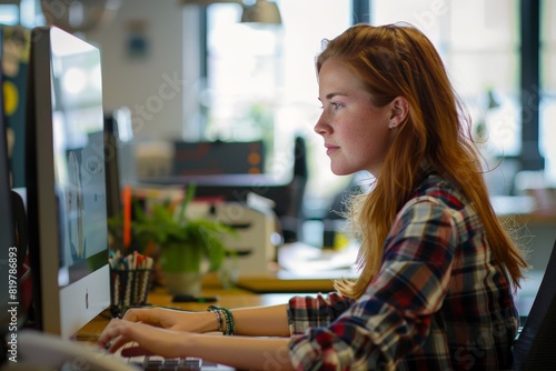 Happy middle-aged business woman manager in the office Smiling woman in the bank. Beautiful simple AI generated image in 4K, unique.