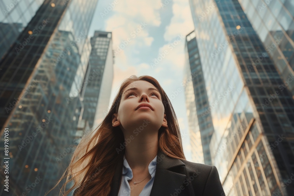 Fototapeta premium Happy middle-aged business woman manager in the office Smiling woman in the bank. Beautiful simple AI generated image in 4K, unique.