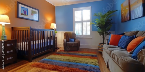 Minimalist hightech millenium nursery with warm blue and khaki color scheme. Concept Hightech Nursery, Minimalist Design, Millennium Style, Blue & Khaki Color Scheme, Modern Baby Room