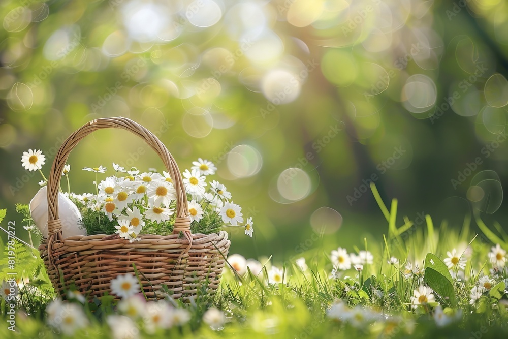 A beautiful basket filled with daisies on a vibrant green field under the warm sunlight, creating a serene and blissful spring atmosphere. A beautiful basket filled with daisies on a vibrant green field under the warm sunlight, creating a serene and blissful spring atmosphere.