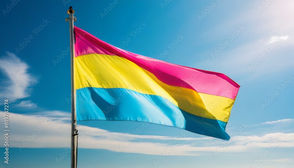 pansexual flag flutters against blue sky, lgbtq pride month pansexual flag flutters against blue sky, lgbtq pride month