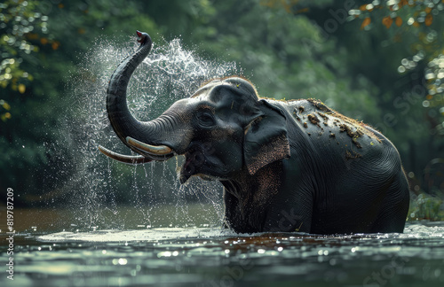 An elephant playfully splashing water with its trunk in the river  surrounded by lush greenery. 