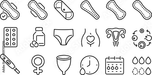 Pixel perfect icon set of menstruation period menses. Thin line icons flat vector illustrations isolated on transparent background