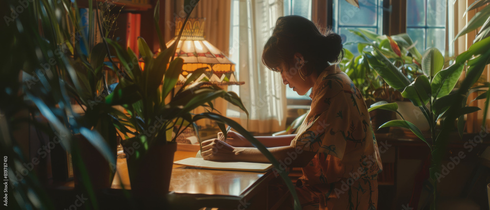 A serene moment of a young girl writing in a cozy, plant-filled room.