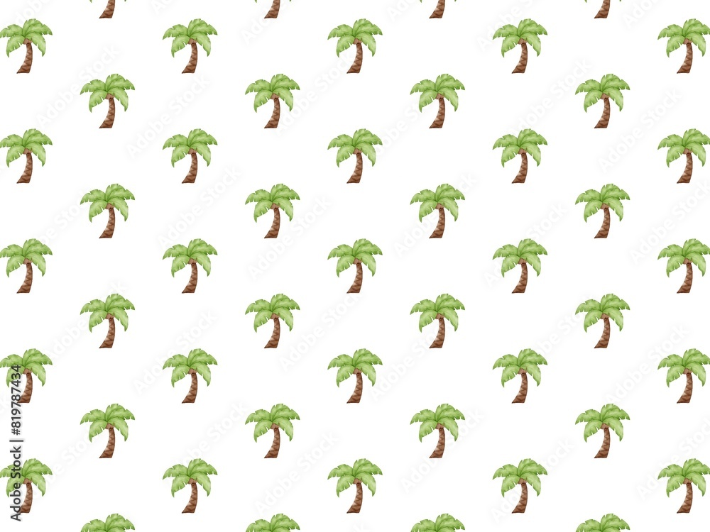 Fototapeta premium Hand Draw Summer Tropical Palm Tree Island, Seamless Pattern summer fruits , coconut tree, background, Pattern, Summer
