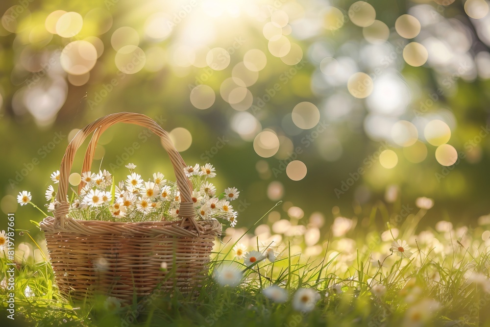 A wicker basket filled with white daisies on a sunny, bokeh-blurred background in a grassy field during spring or summer. A wicker basket filled with white daisies on a sunny, bokeh-blurred background in a grassy field during spring or summer.