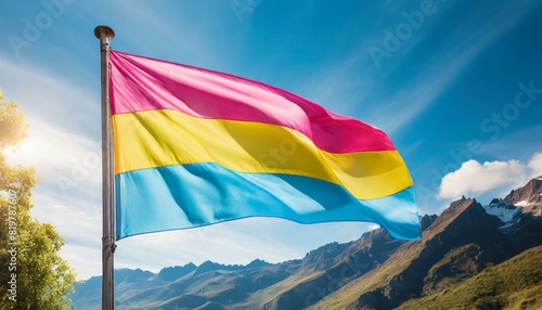 pansexual flag flutters against blue sky, lgbtq pride month