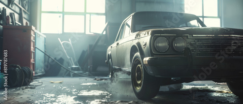 An old classic car in a vintage garage, with dramatic lighting and atmosphere.