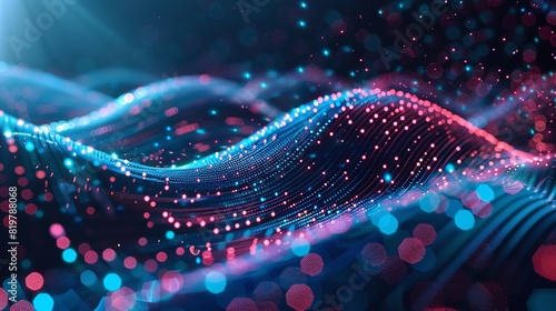 Abstract glowing particles in a wave pattern representing data flow and digital technology concepts in vibrant pink and blue colors. photo