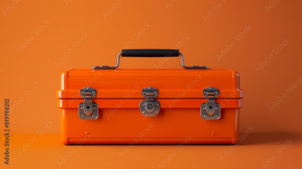 Bright orange metal toolbox with a black handle and three latches against an orange background, ideal for tool organization and storage. Bright orange metal toolbox with a black handle and three latches against an orange background, ideal for tool organization and storage.