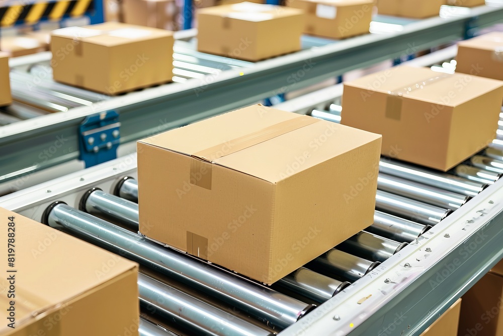 Boxes on a conveyor belt in a fulfillment center, representing the automation and efficiency of modern logistics and package handling. Boxes on a conveyor belt in a fulfillment center, representing the automation and efficiency of modern logistics and package handling.